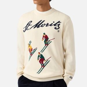 MC2 SAINT BARTH HERON CREWNECK IN WHITE WITH ST. MORITZ SKI POSTCARD JACQUARD